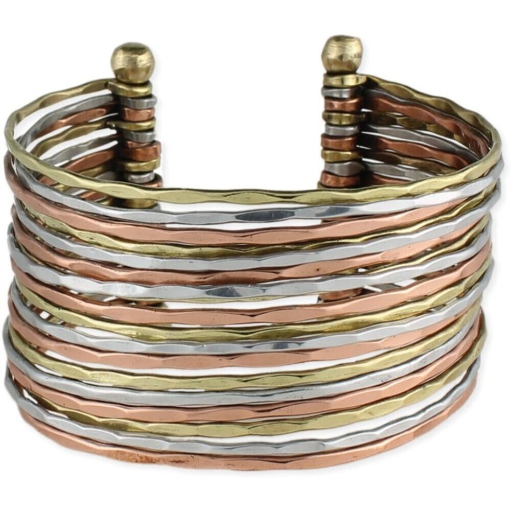 Women's Hammered Bunch Mixed Metal Copper Base No Clasp Cuff Bracelet